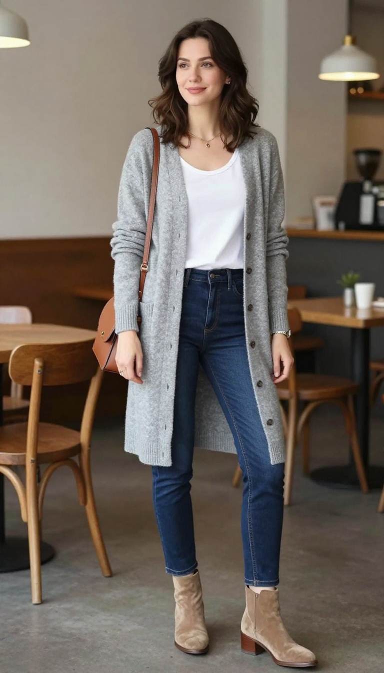 7. Gray Cashmere Cardigan With White Tee and Dark Denim
