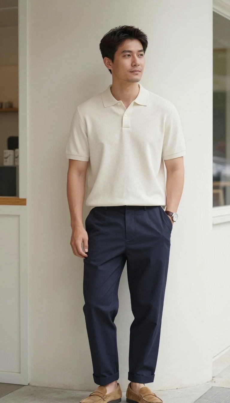 2. The Cream Knit Polo and Tailored Trousers