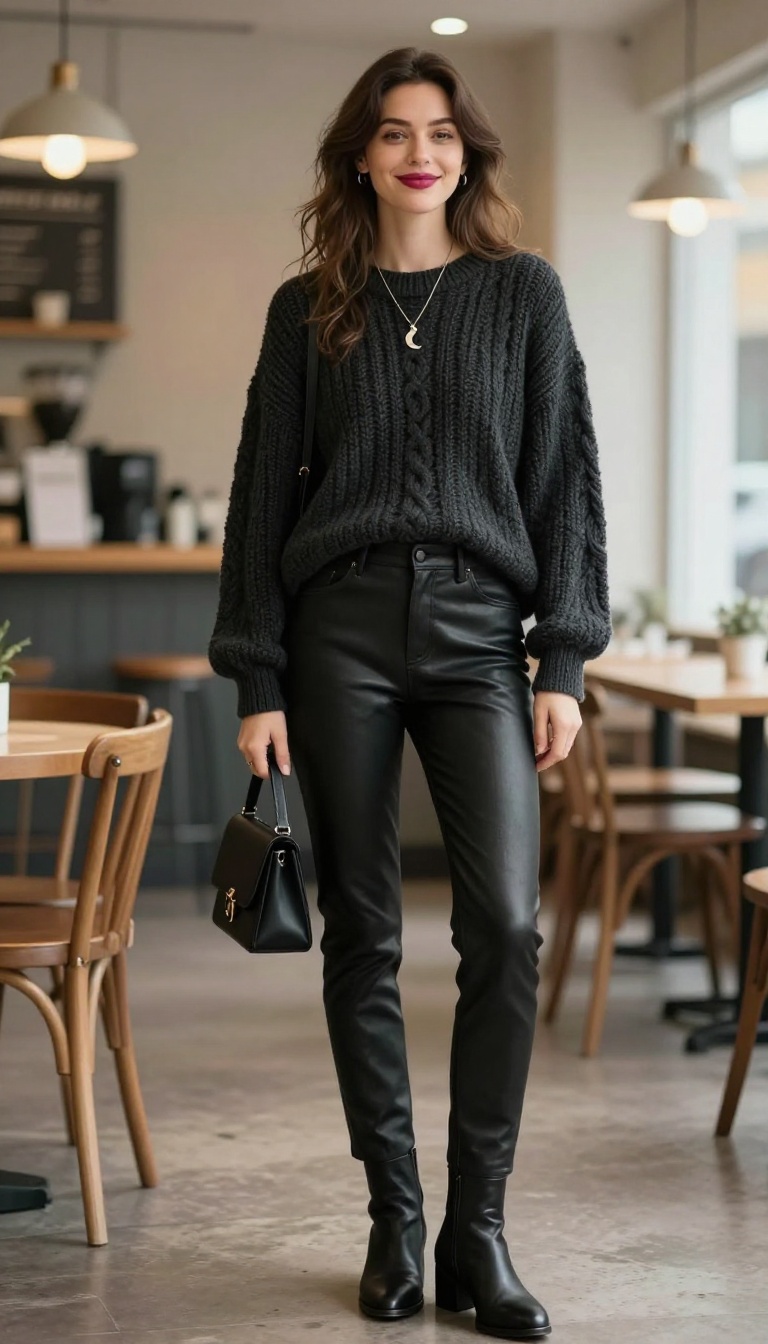 12. Chunky Sweater + Leather Pants + Ankle Boots