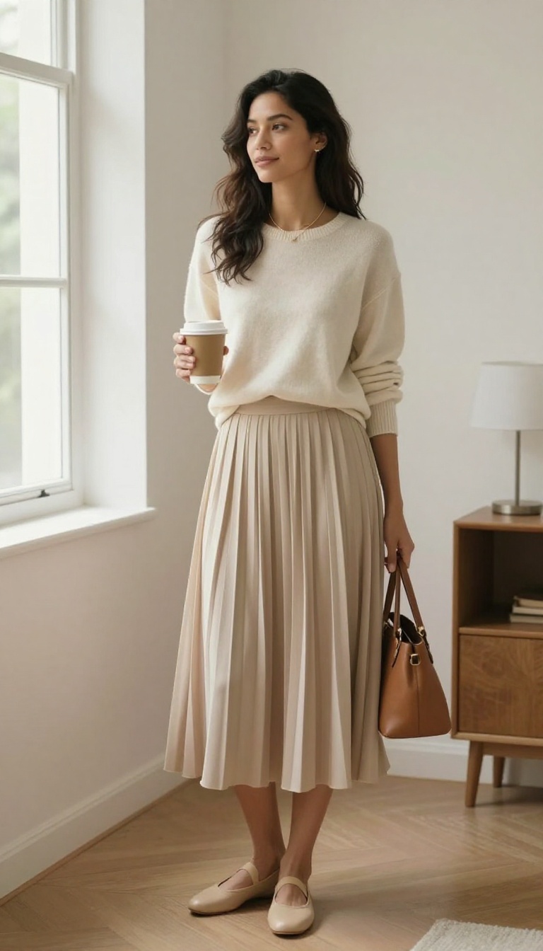2. The Cashmere Sweater and Pleated Midi Skirt