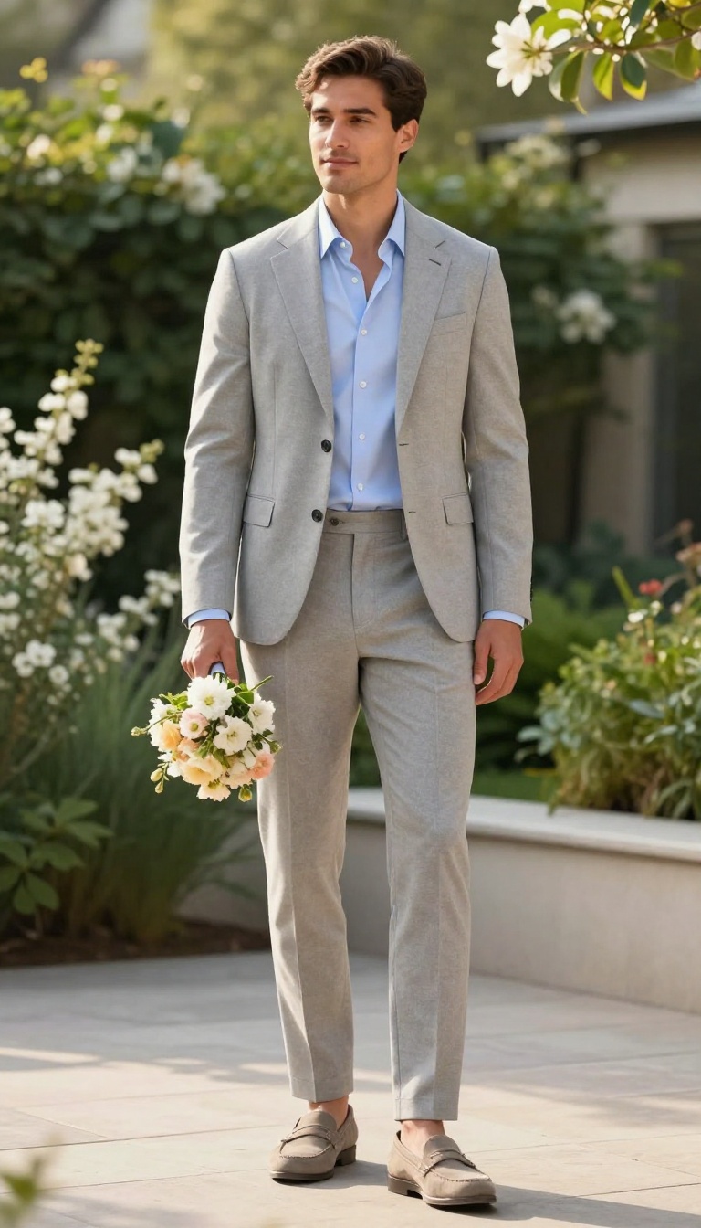 9. Light Grey Suit with a Pastel Shirt and Suede Shoes