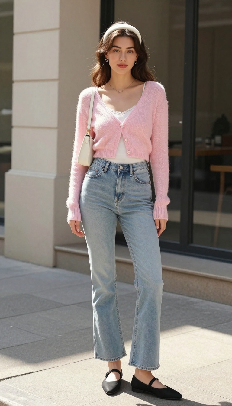 12. Cardigan + Cami + Low-Rise Flares