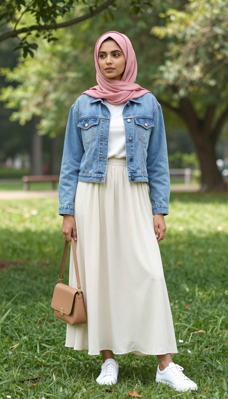 6. Denim Jacket + Maxi Skirt + White Sneakers