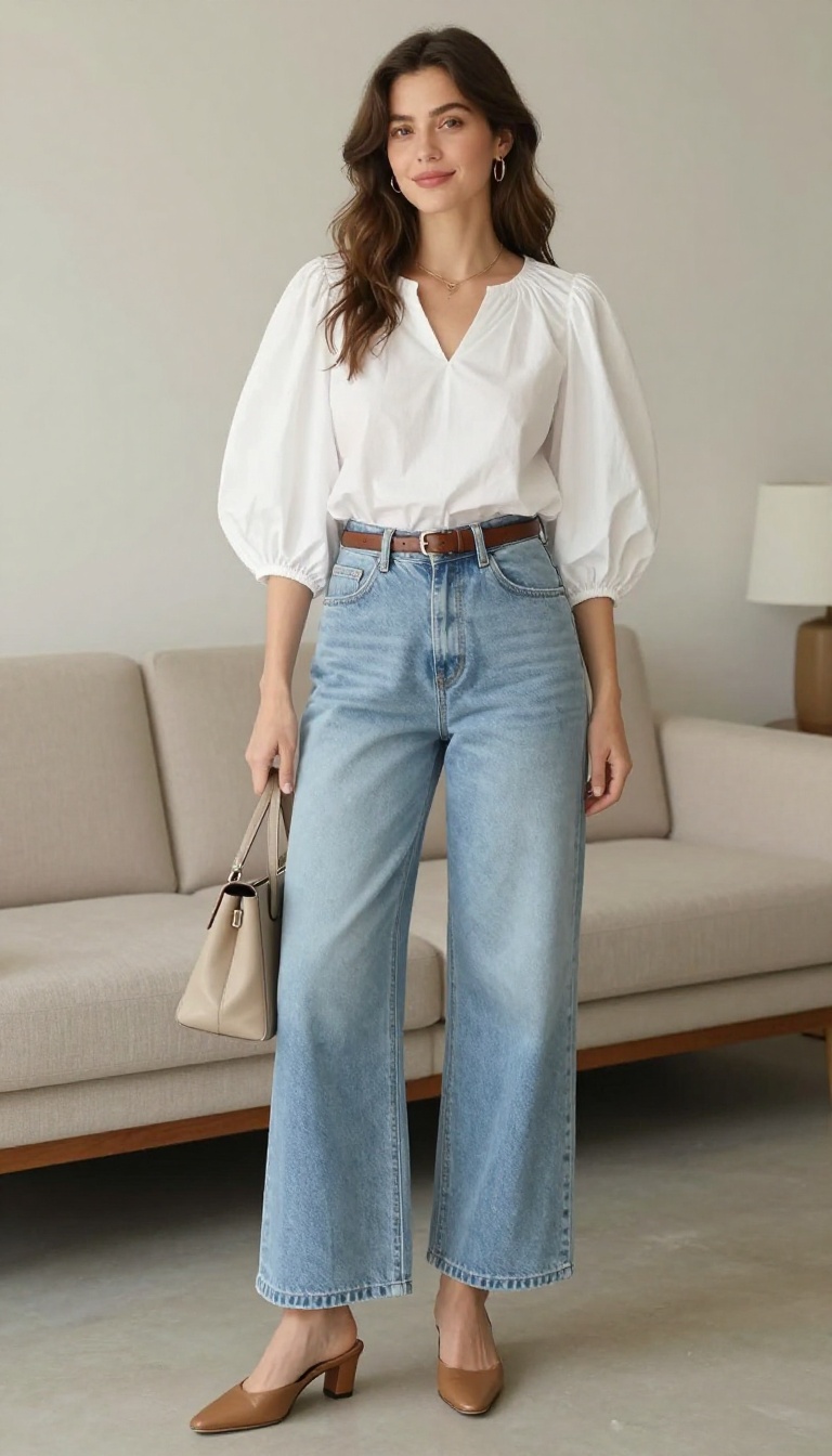 12. The Puff-Sleeve Blouse and Wide-Leg Jeans