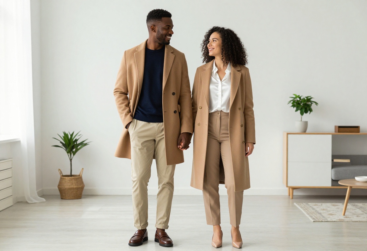 Couple wearing camel coats and neutral outfits in a bright living room, embodying old money elegance.