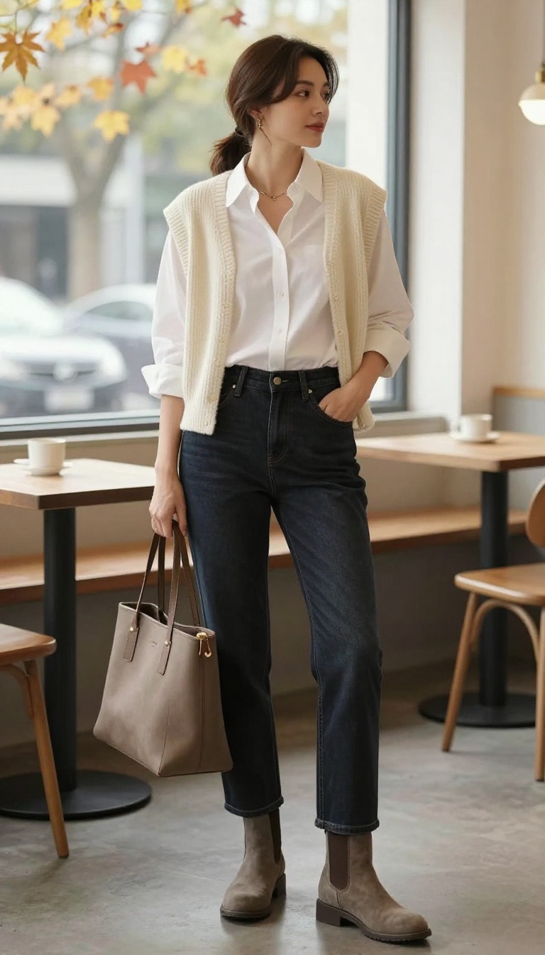6. The Knit Vest and White Shirt Layering