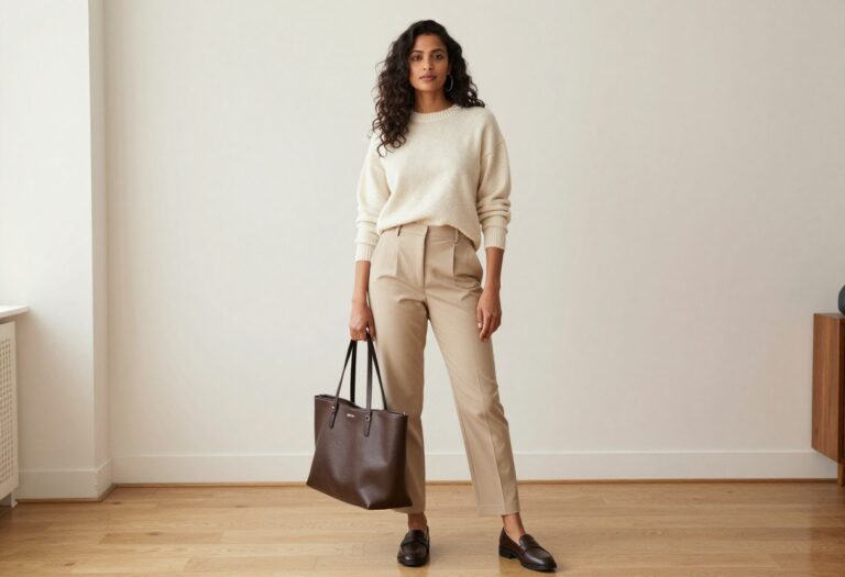 Woman wearing a cream cashmere sweater and tailored beige trousers in a bright living room, epitomizing old money style.