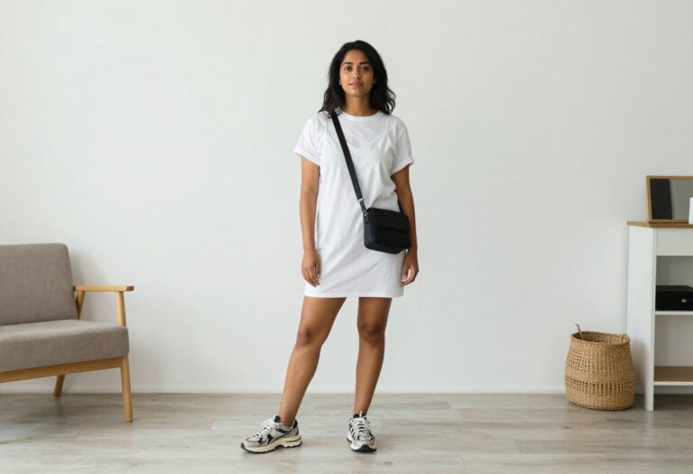 Woman wearing a 90s-inspired slip dress over a white tee with chunky sneakers, posing in a bright living room.