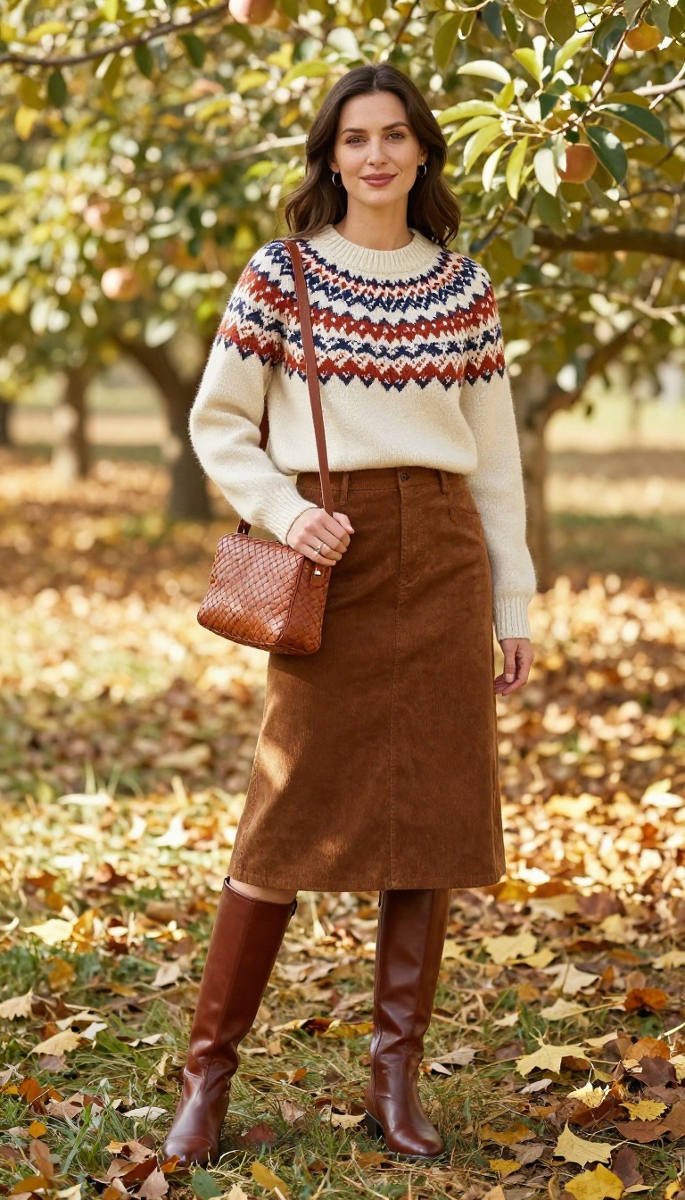 7. Fair Isle Sweater with Corduroy Skirt and Knee-High Boots