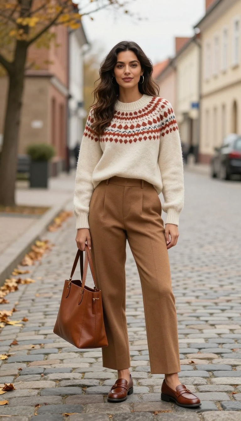 10. Fair Isle Sweater With Wool Trousers and Loafers