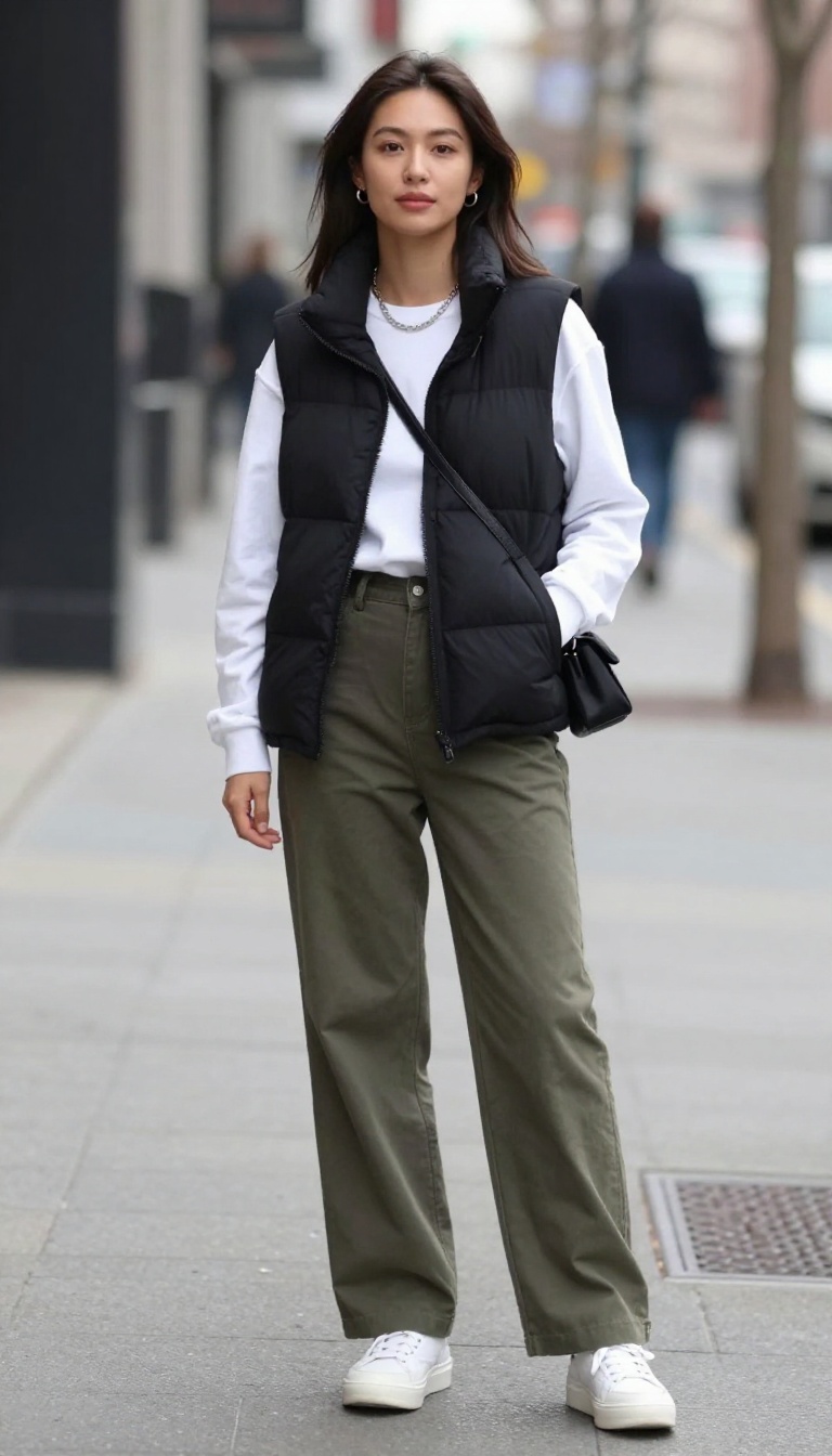 5. Puffer Vest and Wide-Leg Pants
