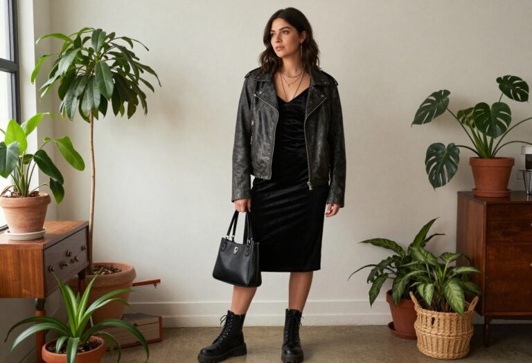 Woman in a black velvet slip dress and leather jacket with chunky boots, styled in a 90s witchy outfit