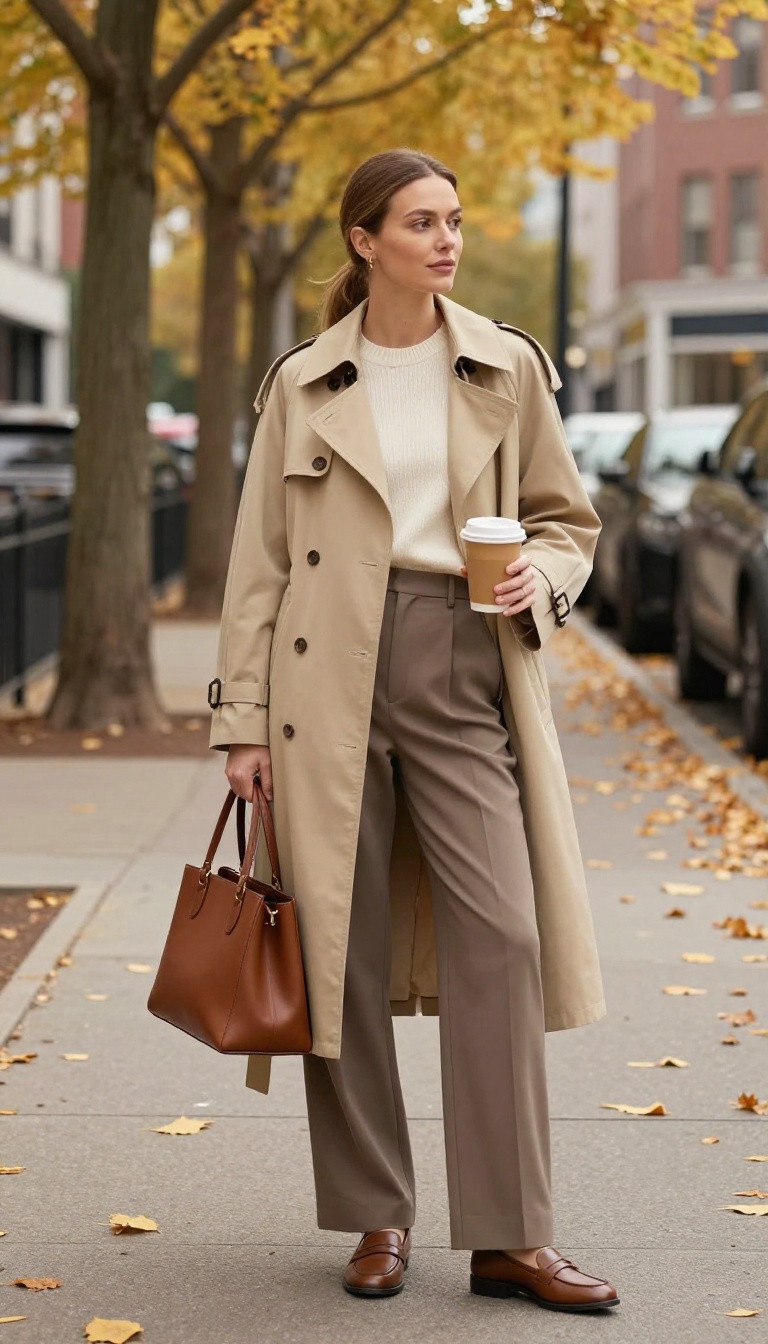 6. Trench Coat and Wide-Leg Trousers