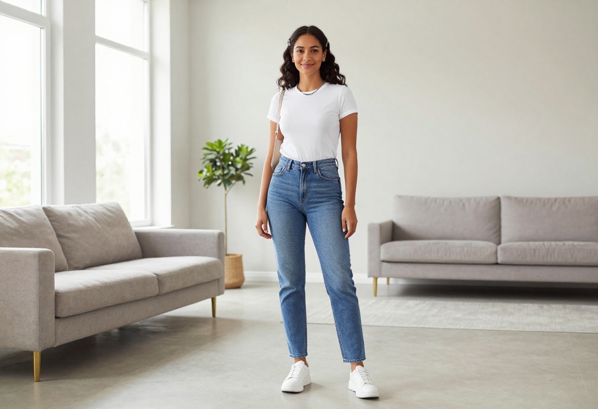 Woman wearing Y2K outfit with low-rise jeans and baby tee