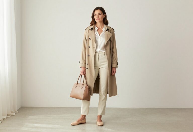 Woman in a beige trench coat and tailored trousers, embodying old money style in a bright living room.