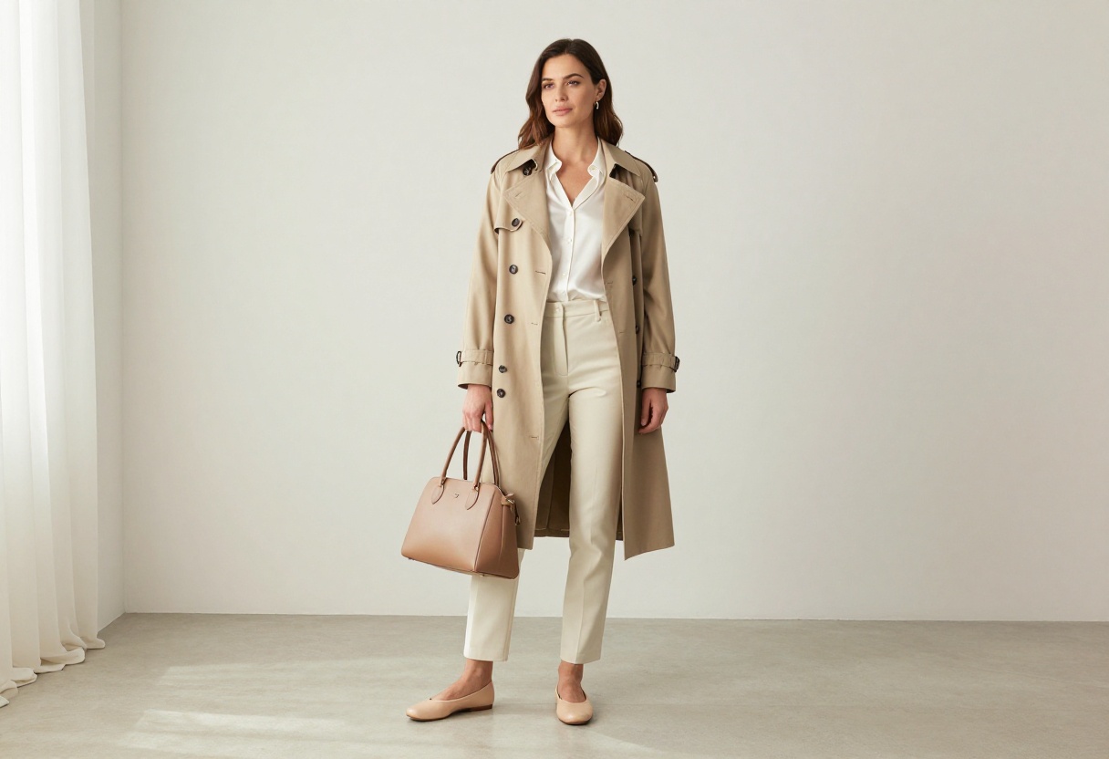 Woman in a beige trench coat and tailored trousers, embodying old money style in a bright living room.