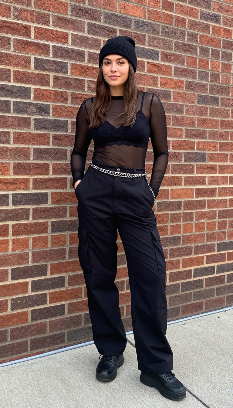 8. Mesh Top With a Bralette and Cargo Pants