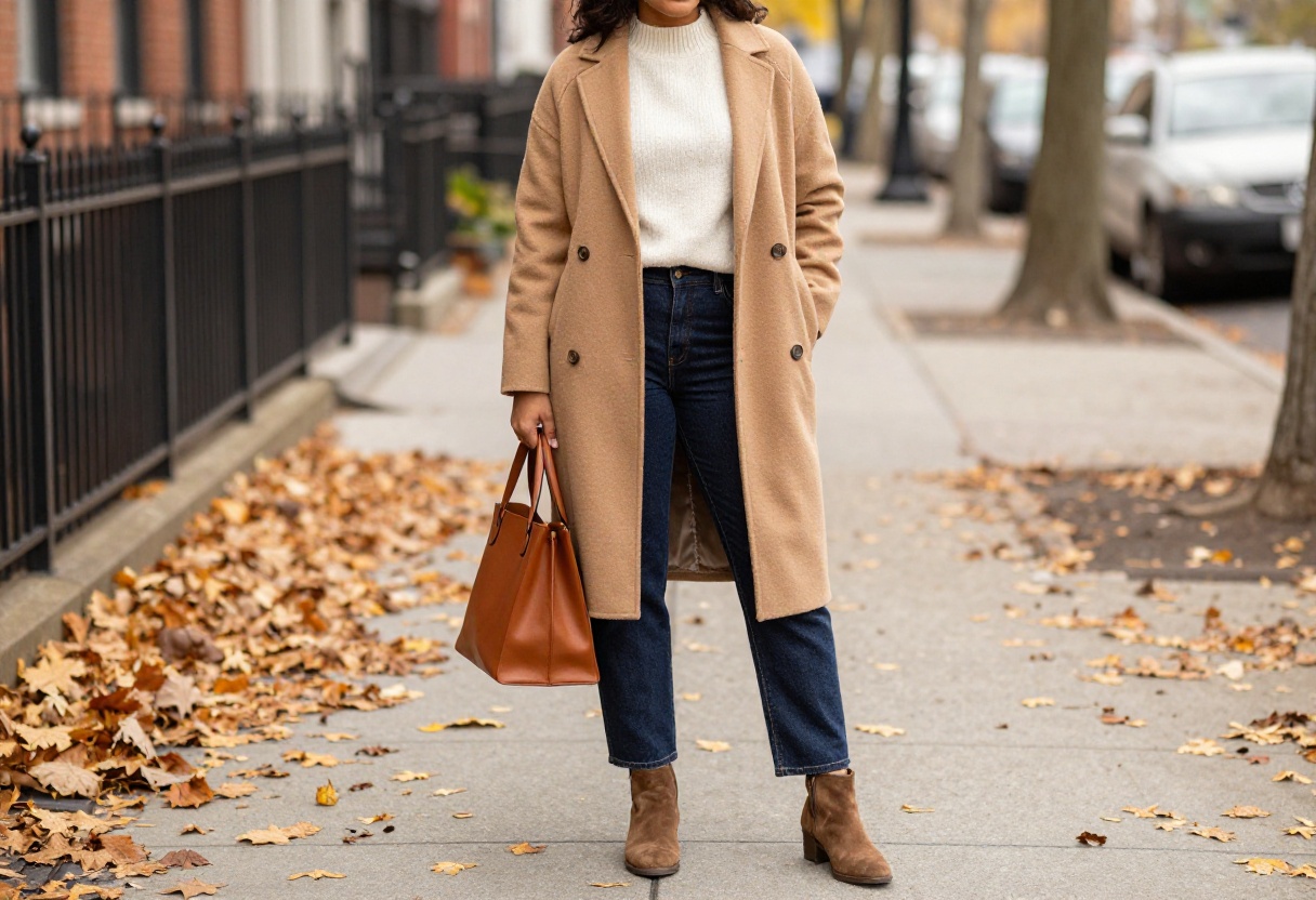 Woman in camel coat and cashmere sweater with jeans and boots for fall old money style