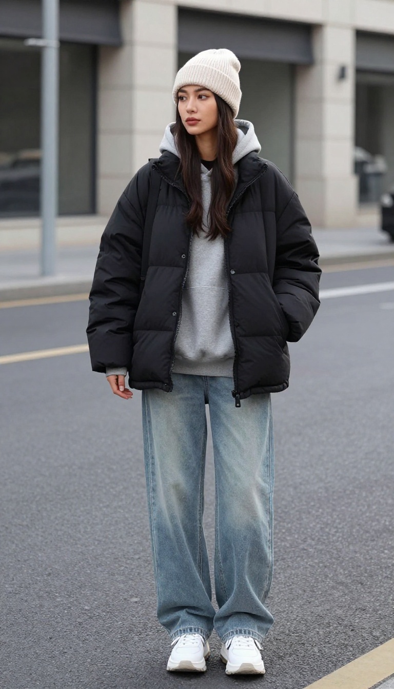8. Puffer Vest, Hoodie, and Baggy Jeans