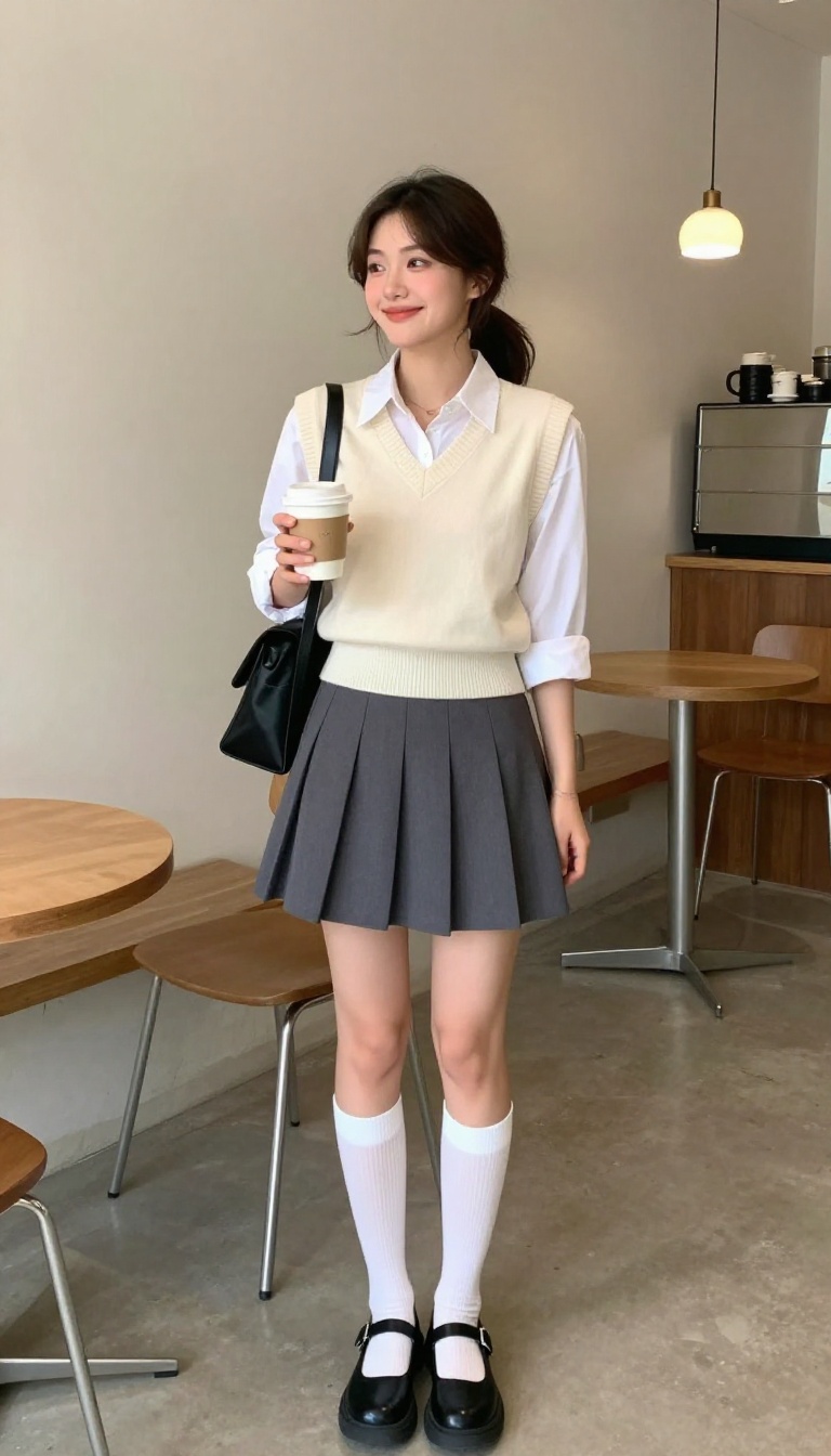 6. Pleated Mini Skirt with a Sweater Vest and Mary Janes