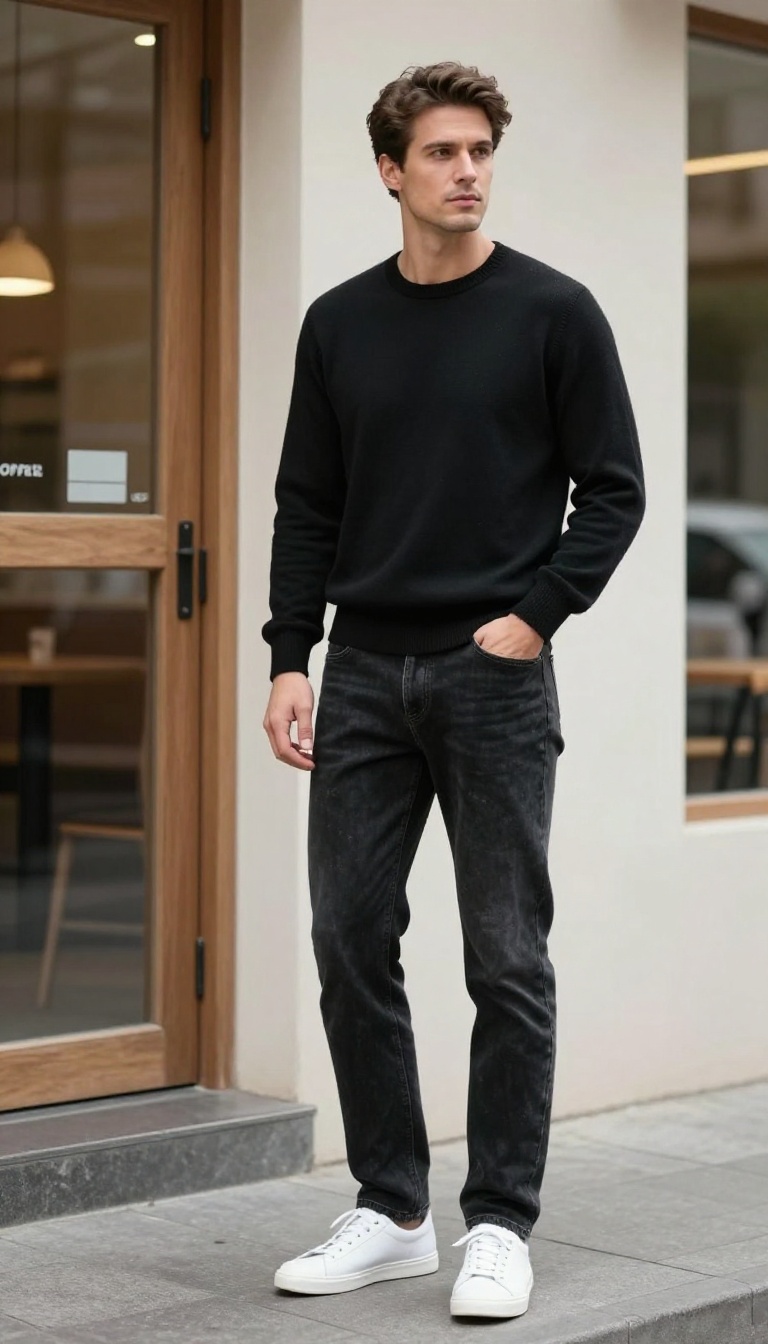 6. Black Crewneck Sweater and Dark Wash Jeans