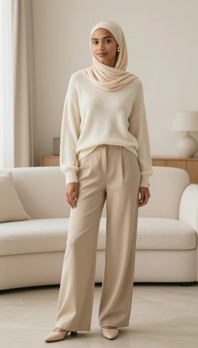 5. Cashmere Sweater + Trousers + Pearl Accessories