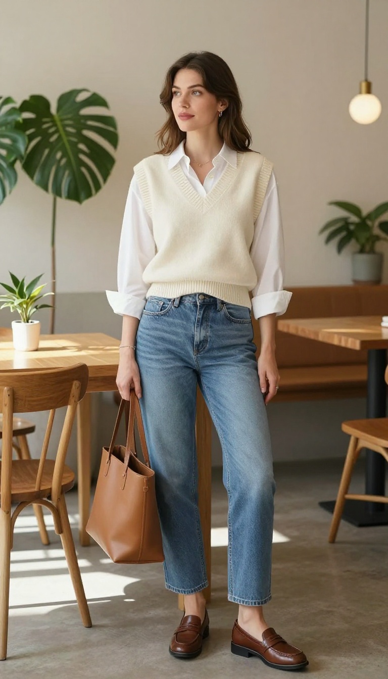 9. Sweater Vest and Straight-Leg Jeans