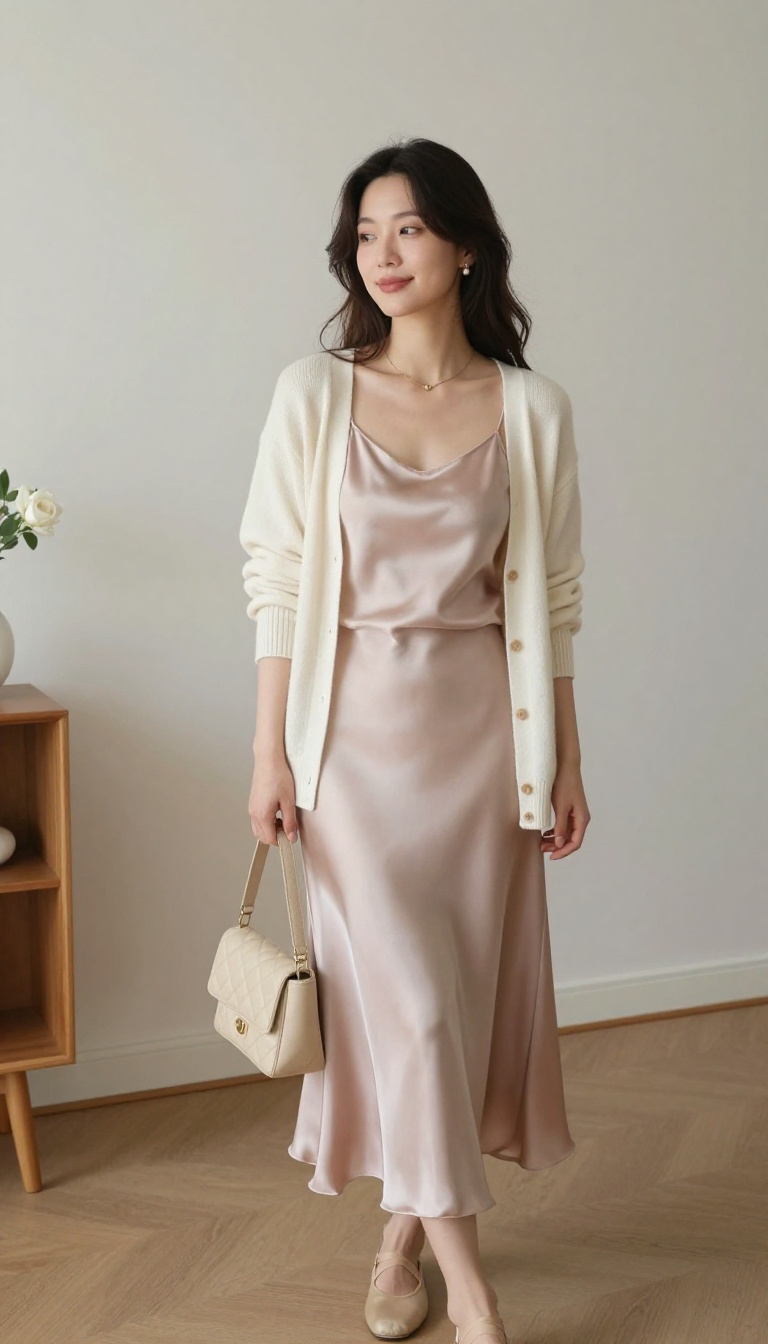 15. The Cardigan and Silk Skirt