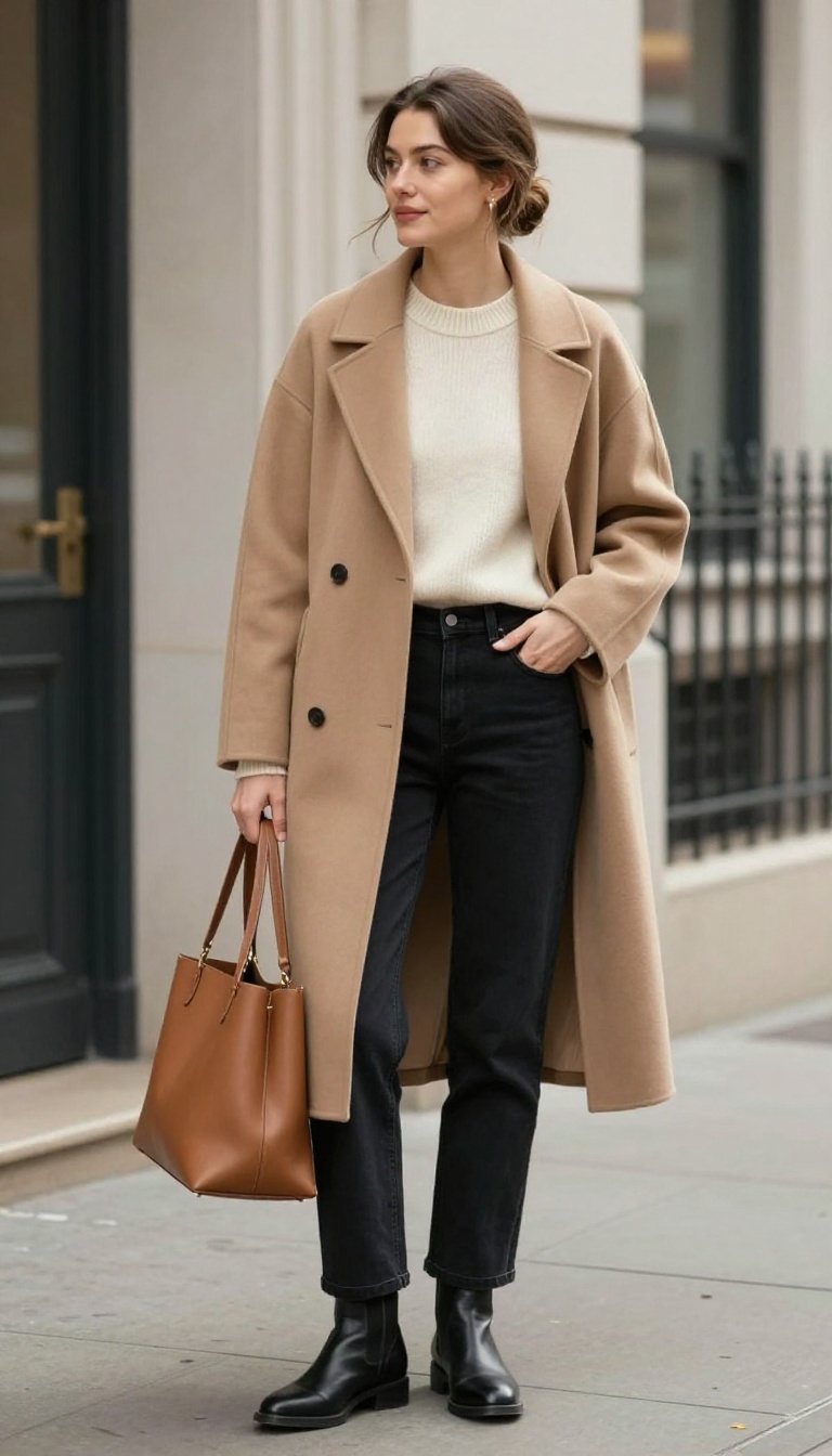 12. Black Jeans with a Camel Coat