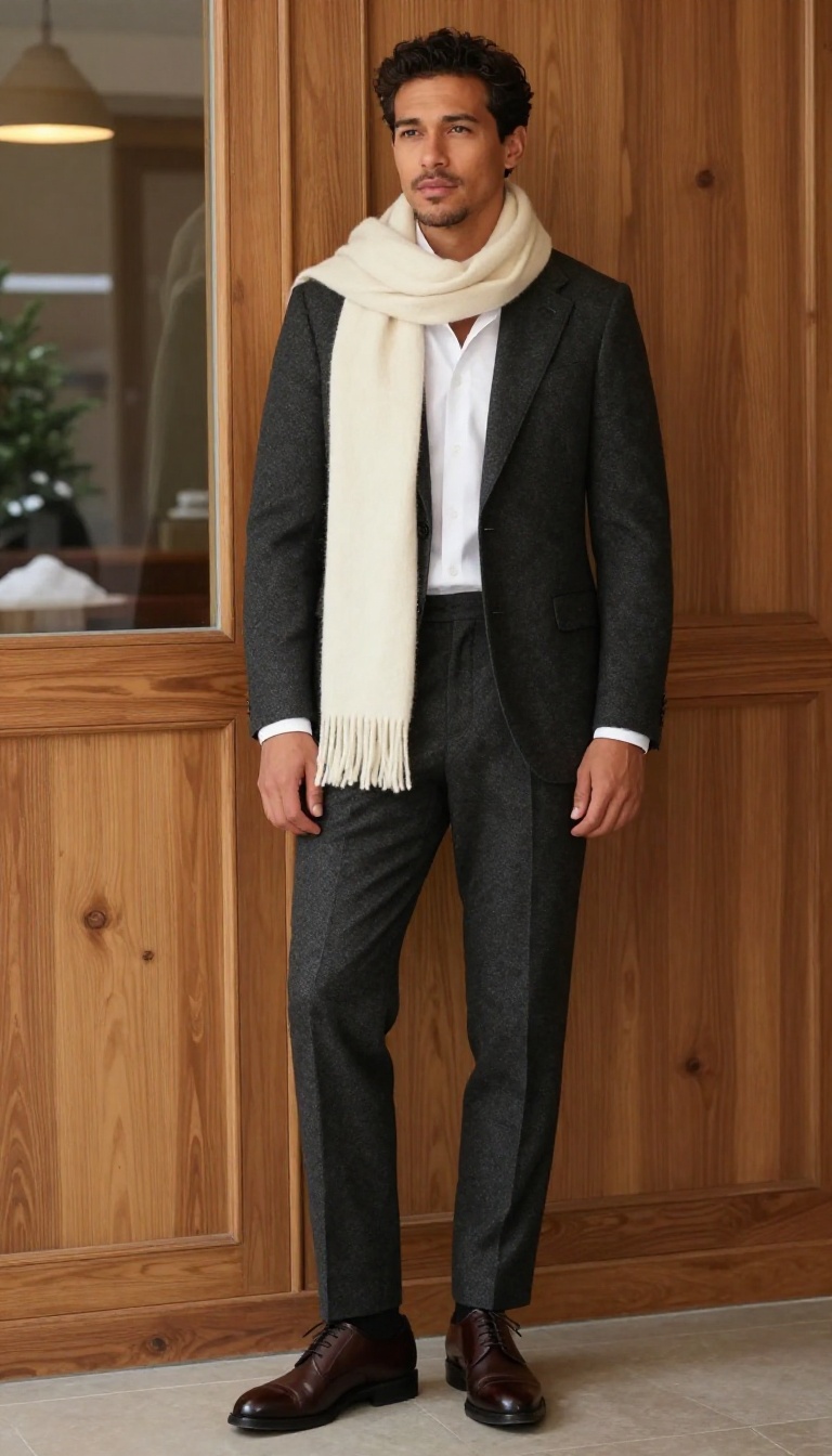 4. The Herringbone Wool Suit with Cashmere Scarf