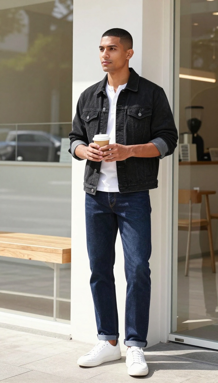 3. Black Denim Jacket with White Oxford Shirt