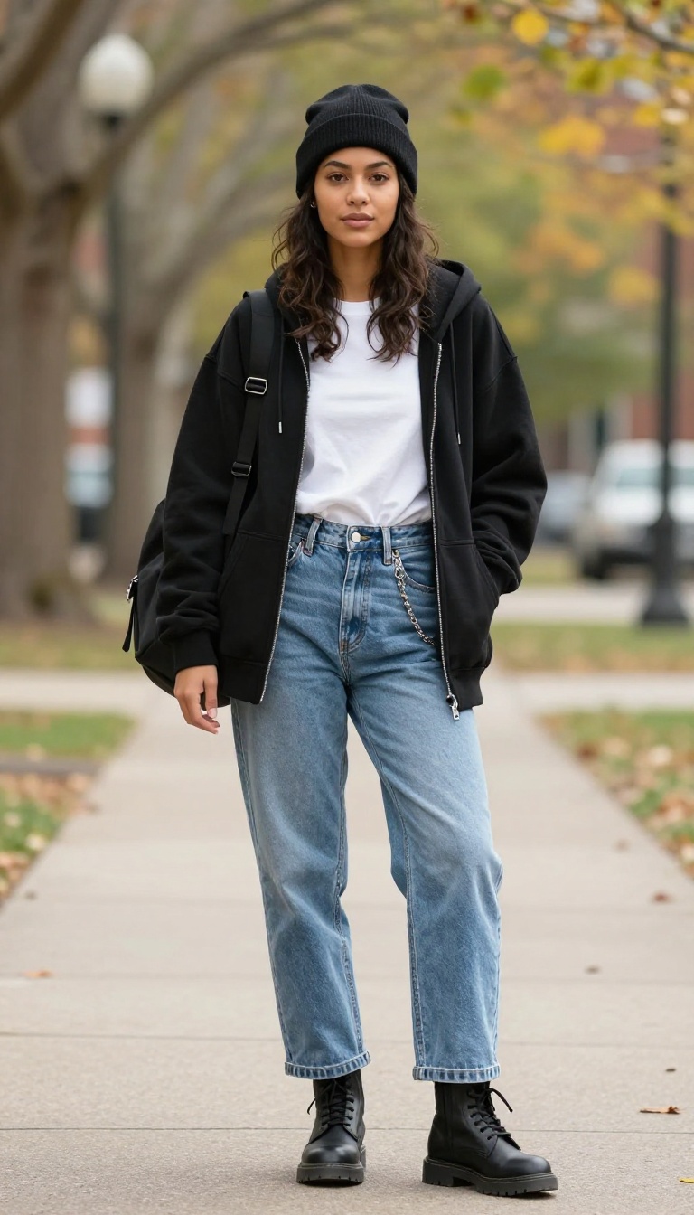 10. Graphic Zip-Up + Baggy Jeans + Combat Boots
