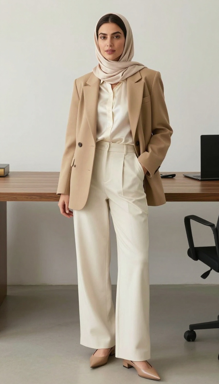 1. Tailored Blazer + Wide-Leg Trousers + Silk Hijab