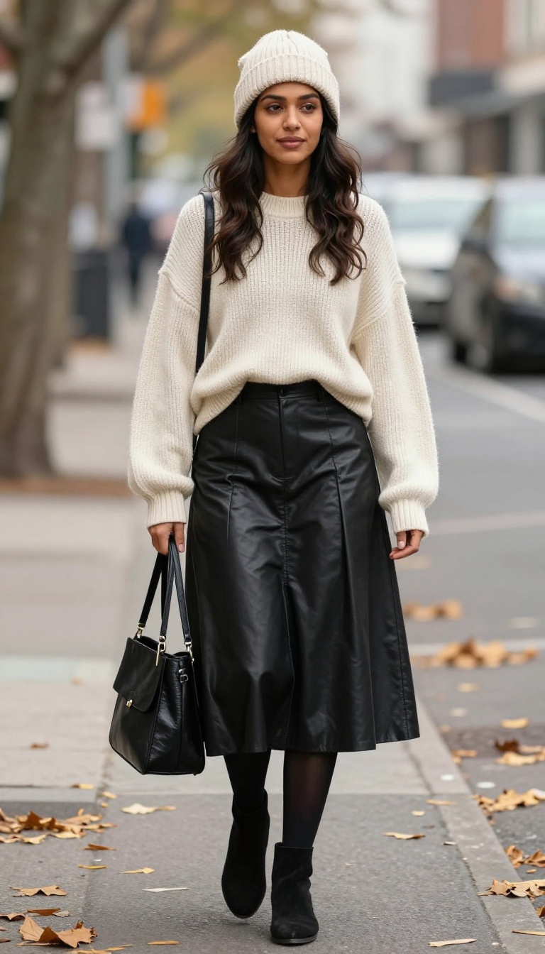 4. Leather Skirt with a Chunky Sweater