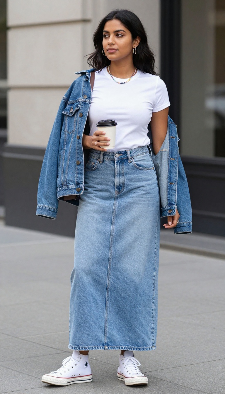 10. Denim Maxi Skirt + White Tee + Converse
