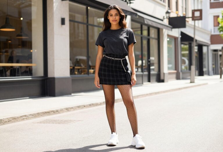 Woman wearing a Y2K emo outfit with plaid skirt and band tee