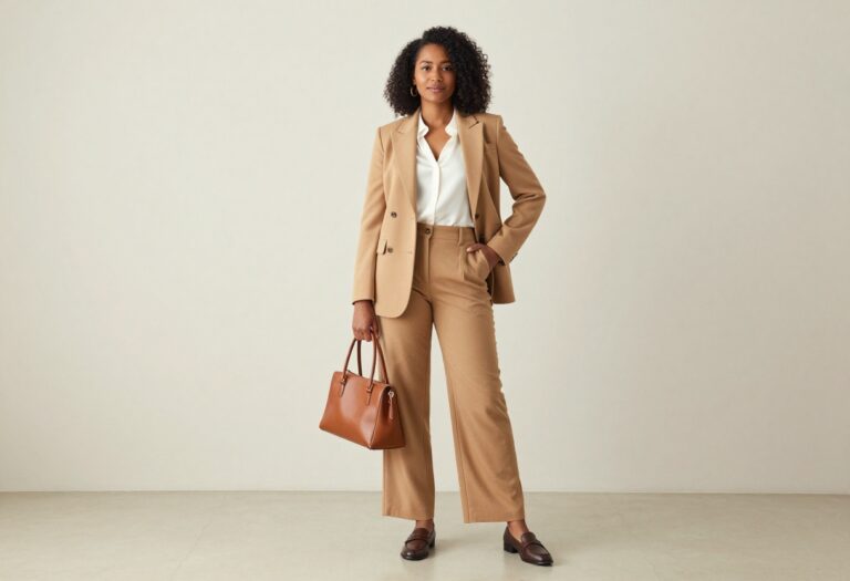 Woman in camel blazer and trousers, old money style outfit