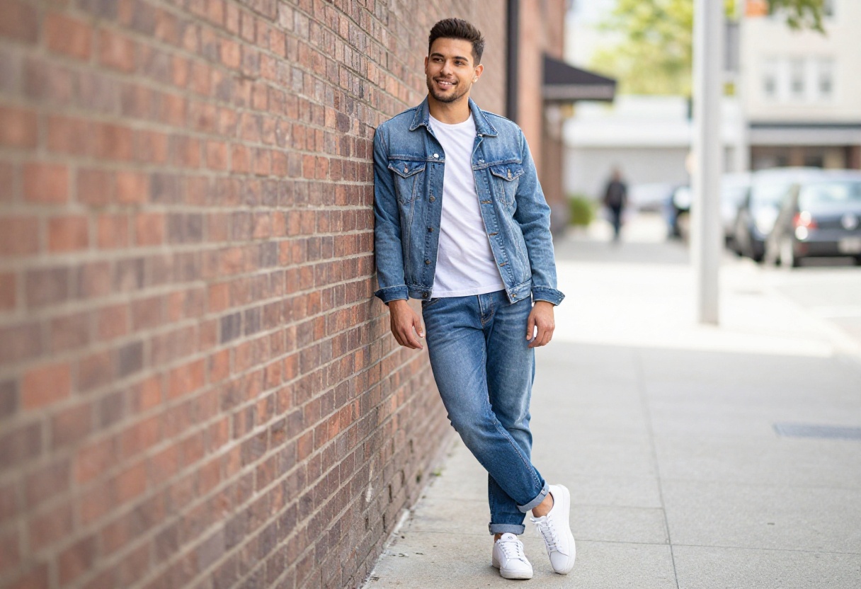 Man in 90s-inspired denim jacket and white tee
