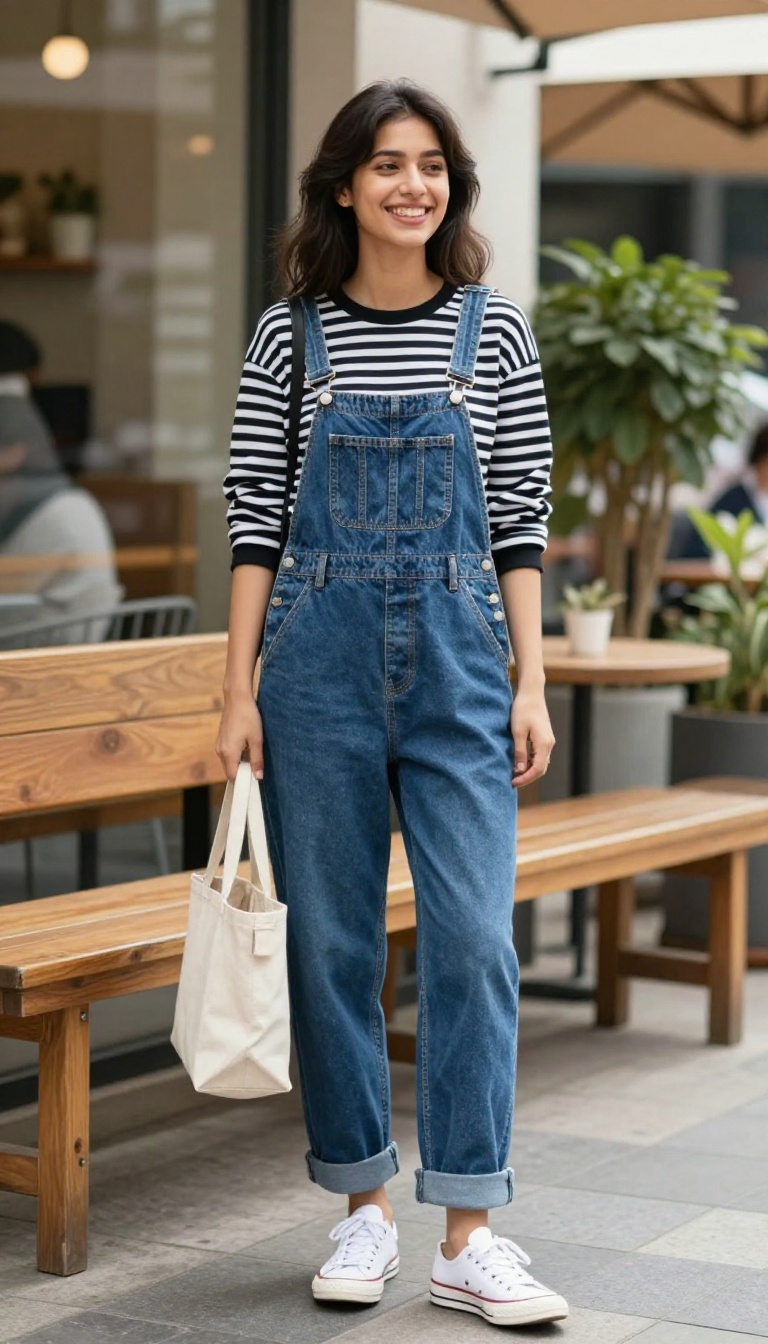 9. Overalls with a Striped Long-Sleeve
