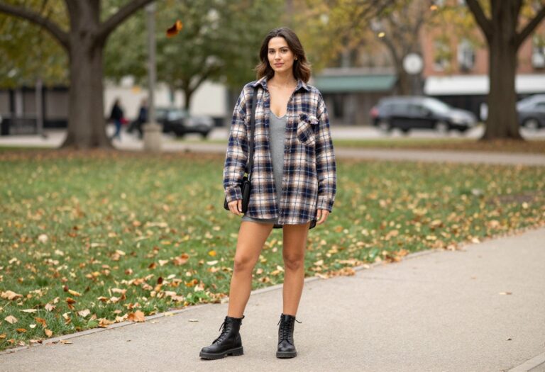 Woman wearing 90s fall outfit with flannel and slip dress in autumn park