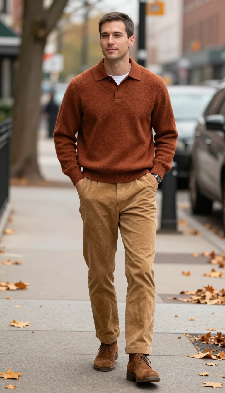 3. The Knit Polo and Corduroy Pant Look