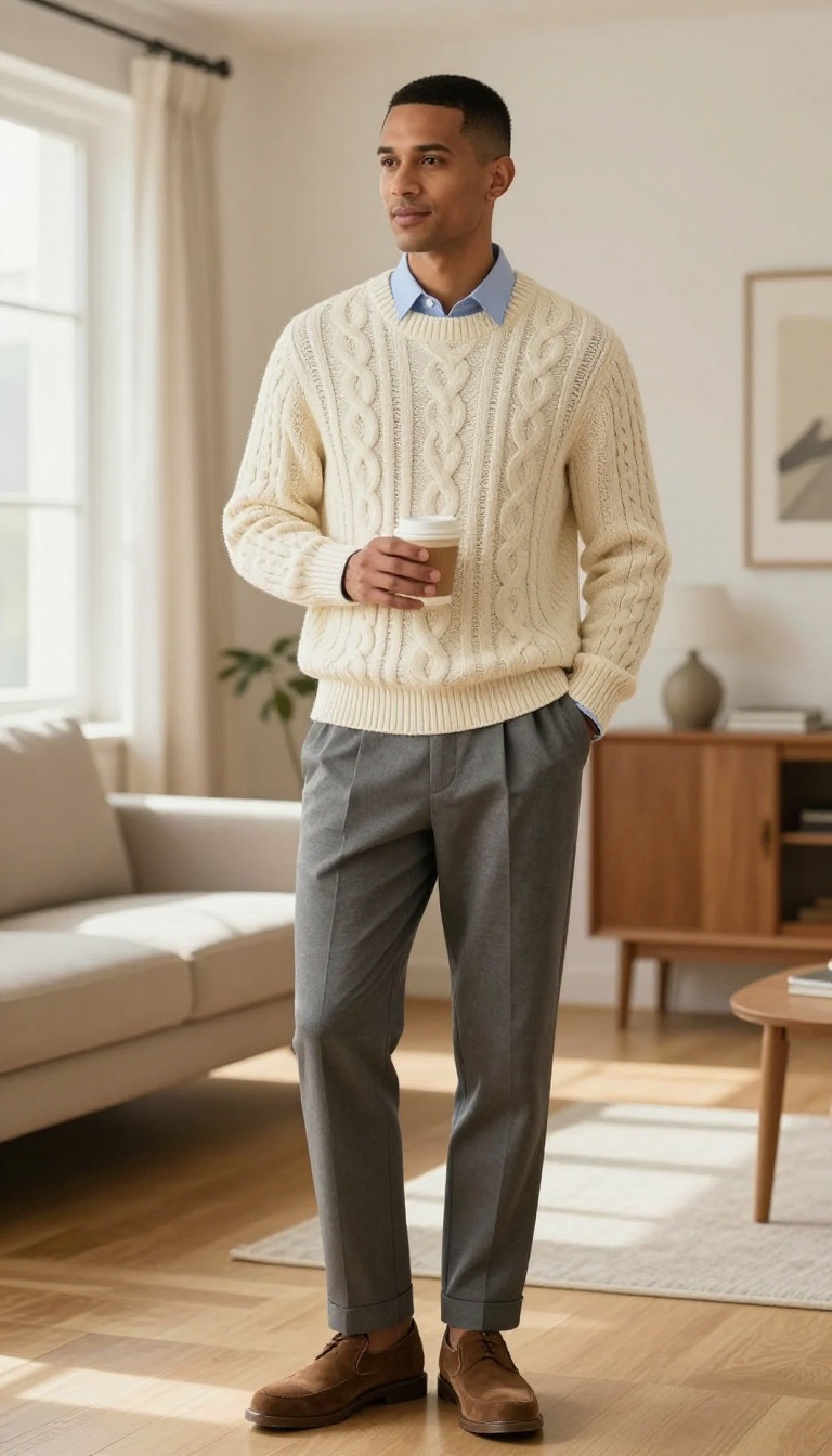 7. The Cable Knit Sweater and Pleated Trousers