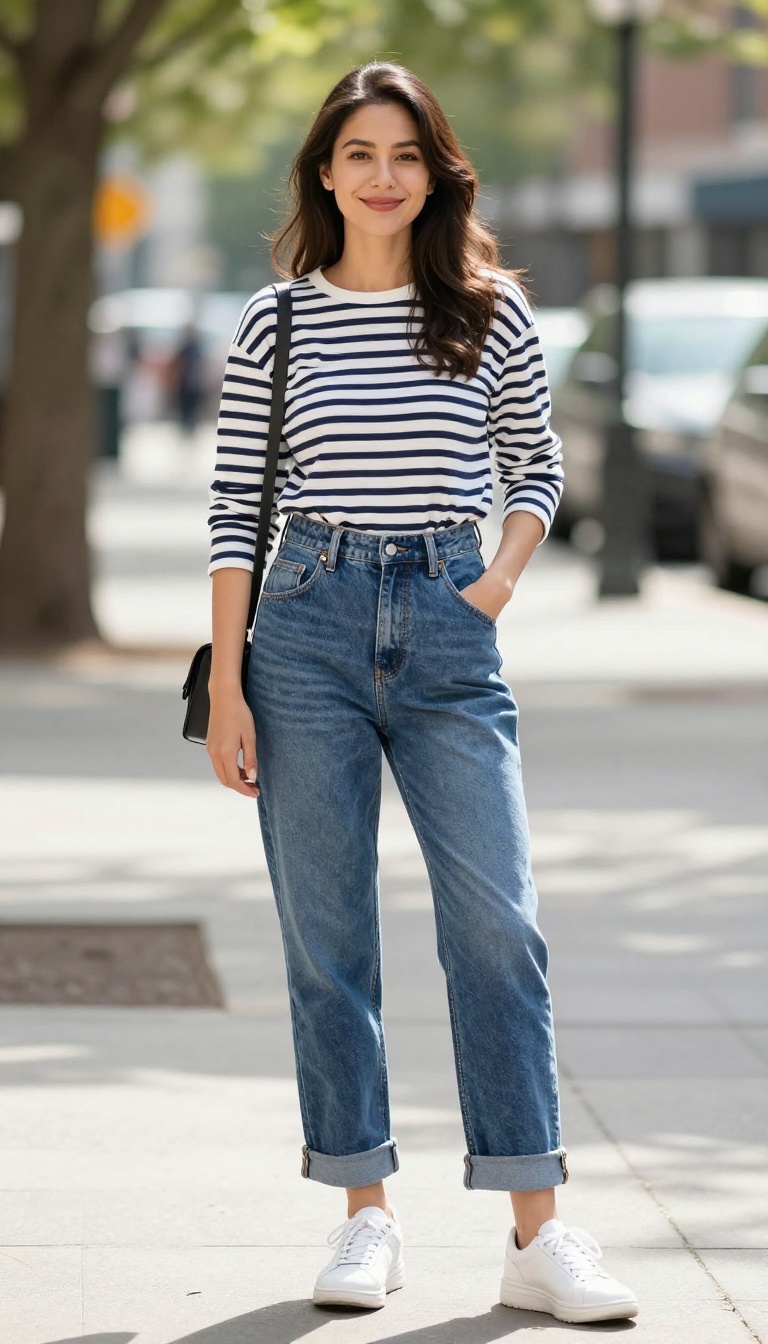 13. Overalls and a Striped Long-Sleeve