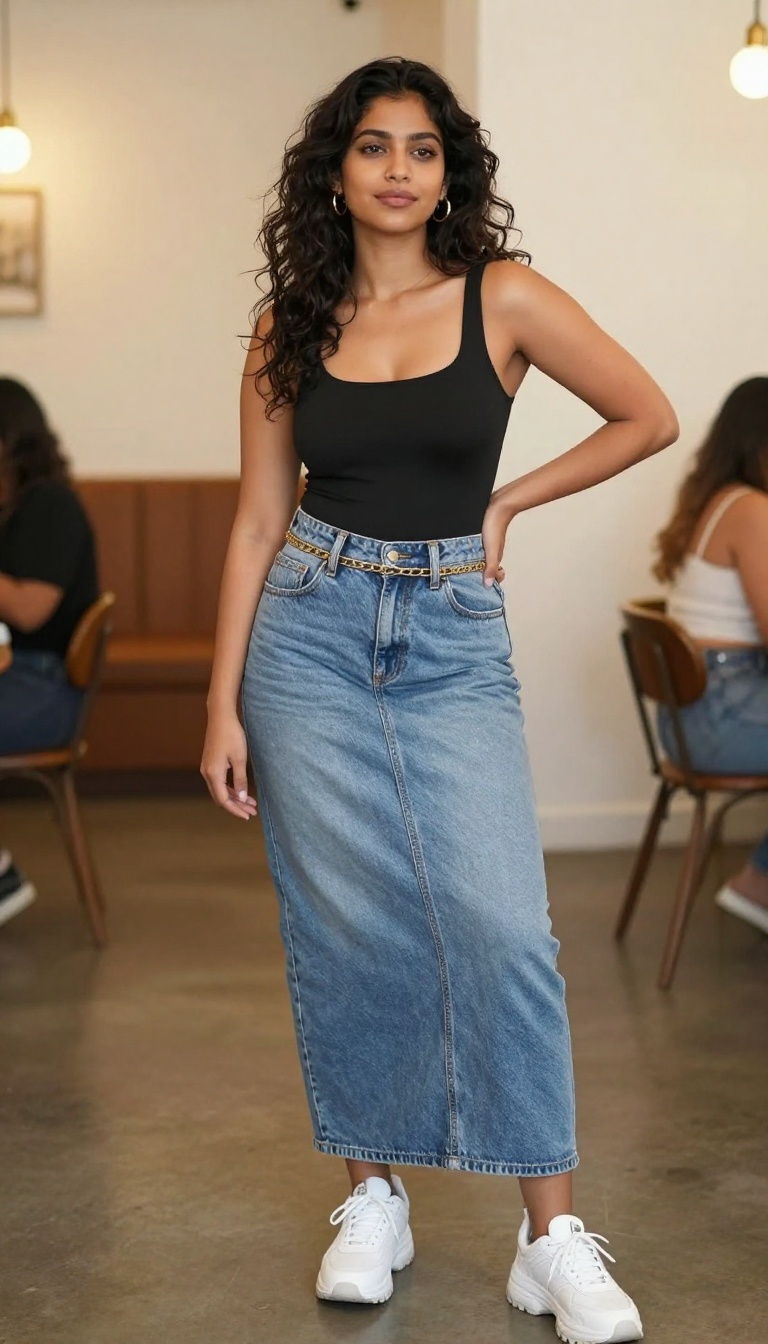 6. High-Waisted Denim Skirt & Bodysuit
