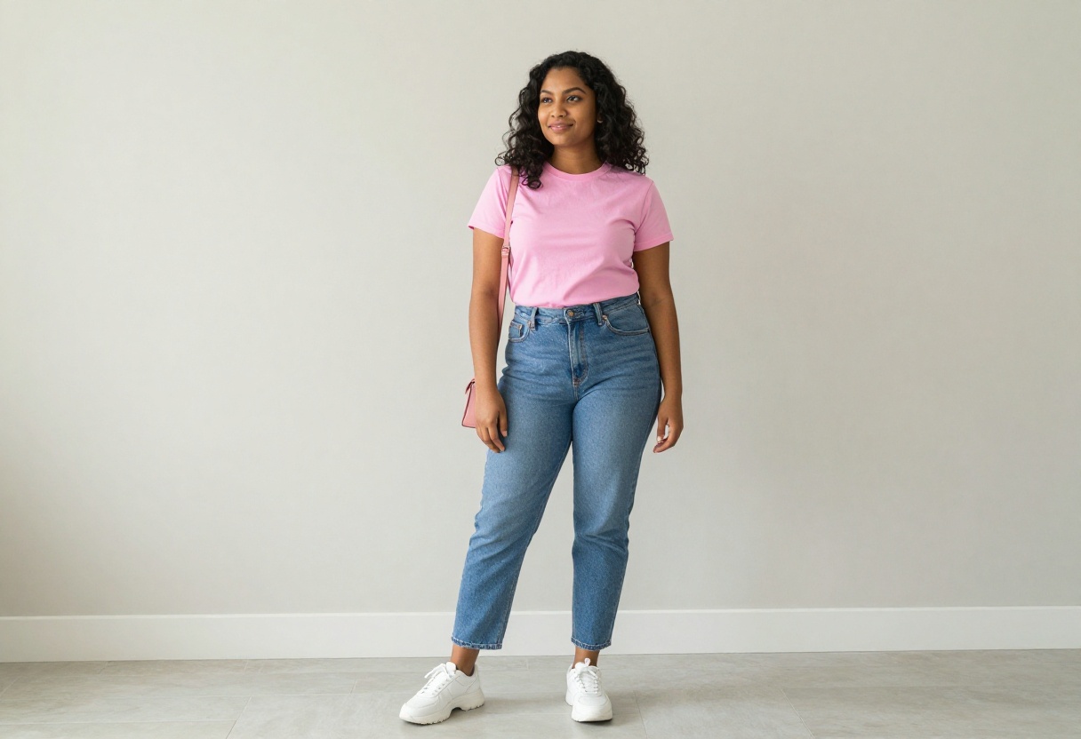 Woman in pink baby tee and low-rise jeans with white sneakers, Y2K style