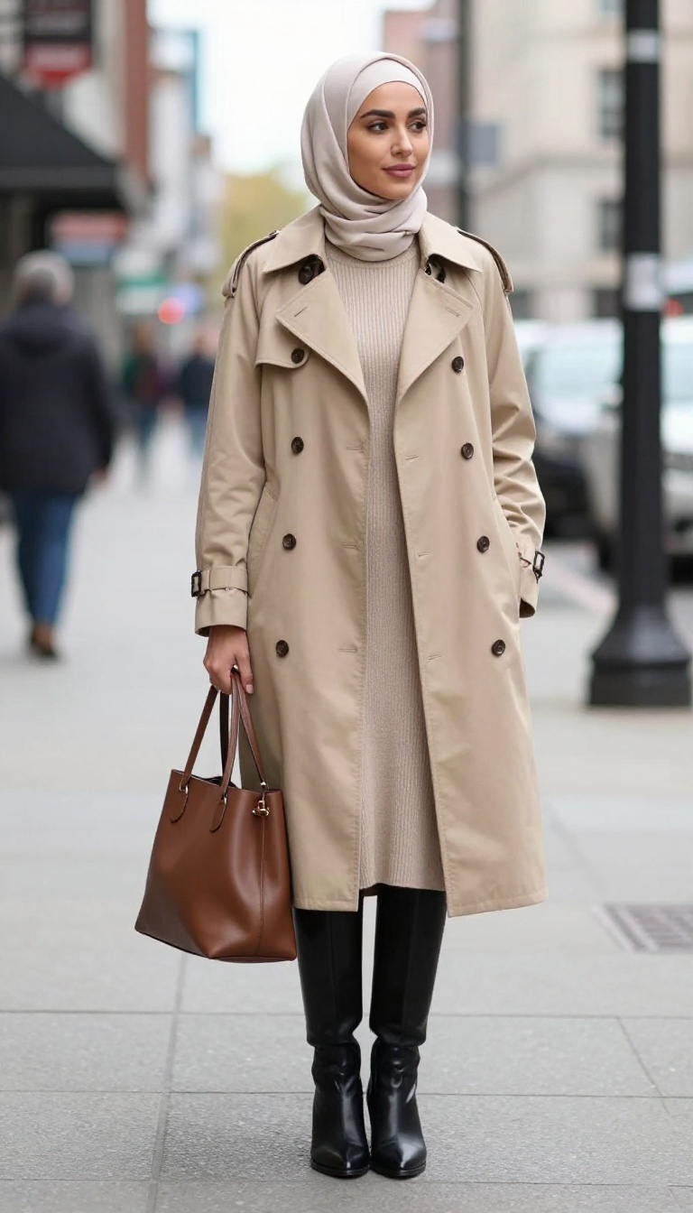 4. Trench Coat + Knit Dress + Knee-High Boots