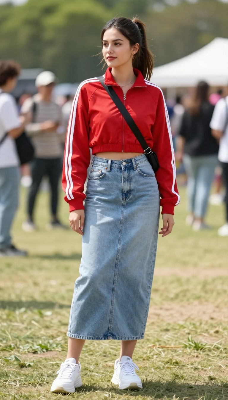 11. The Track Jacket with Denim Skirt