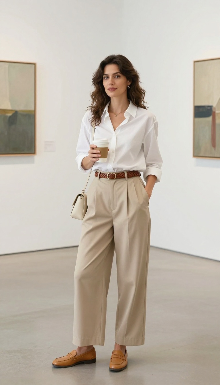 5. White Button-Down Shirt With Beige Wide-Leg Trousers