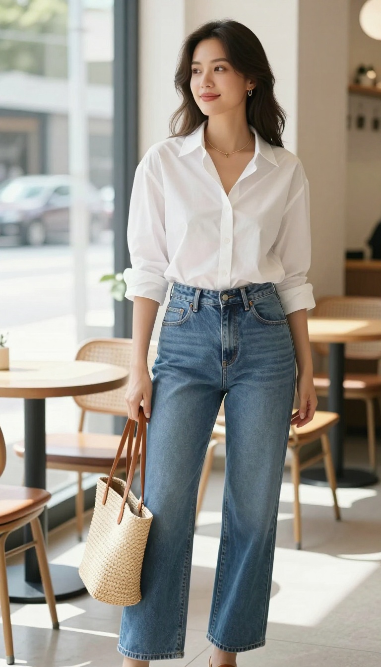 6. White Button-Down Shirt with High-Waisted Wide-Leg Jeans