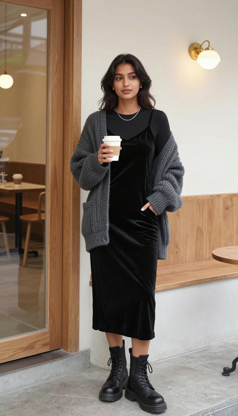 1. Velvet Slip Dress With a Chunky Cardigan